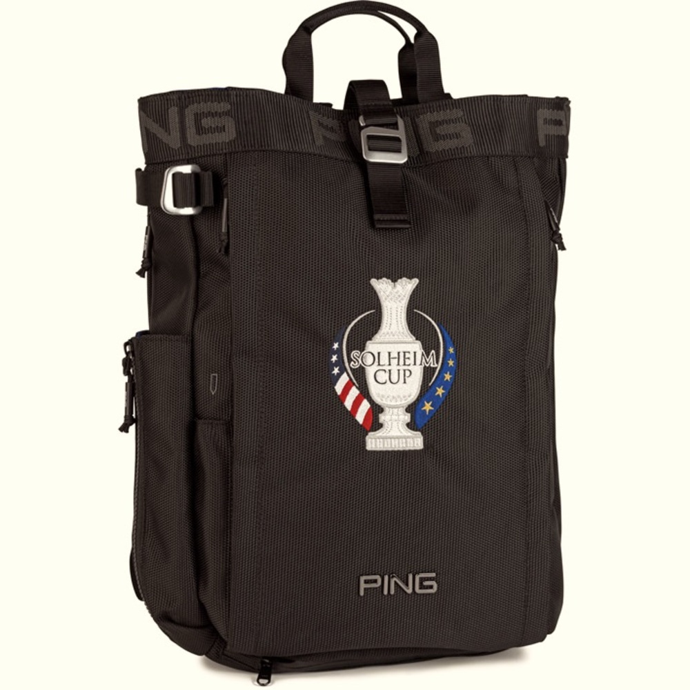 PING Solheim Cup Backpack 2 front side pockets top loading bag adjustable straps